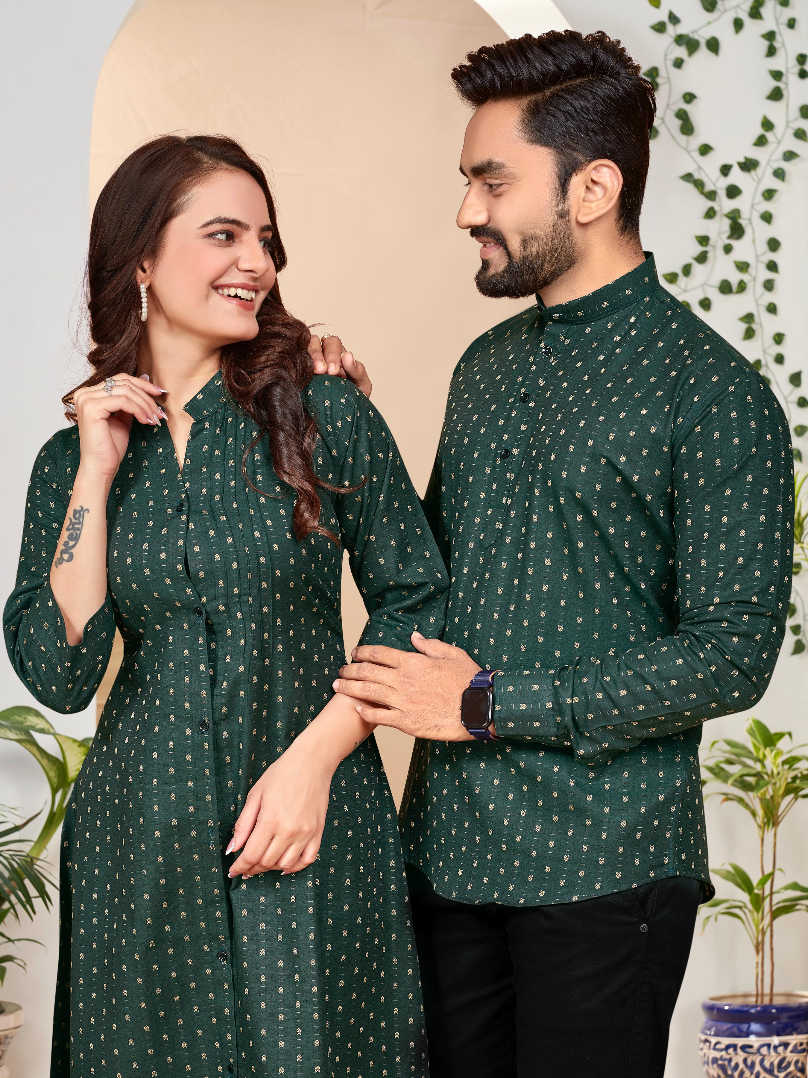 Green Pure Soft Cotton Printed Shirt &amp; Tunic Matching Both Couple Combo