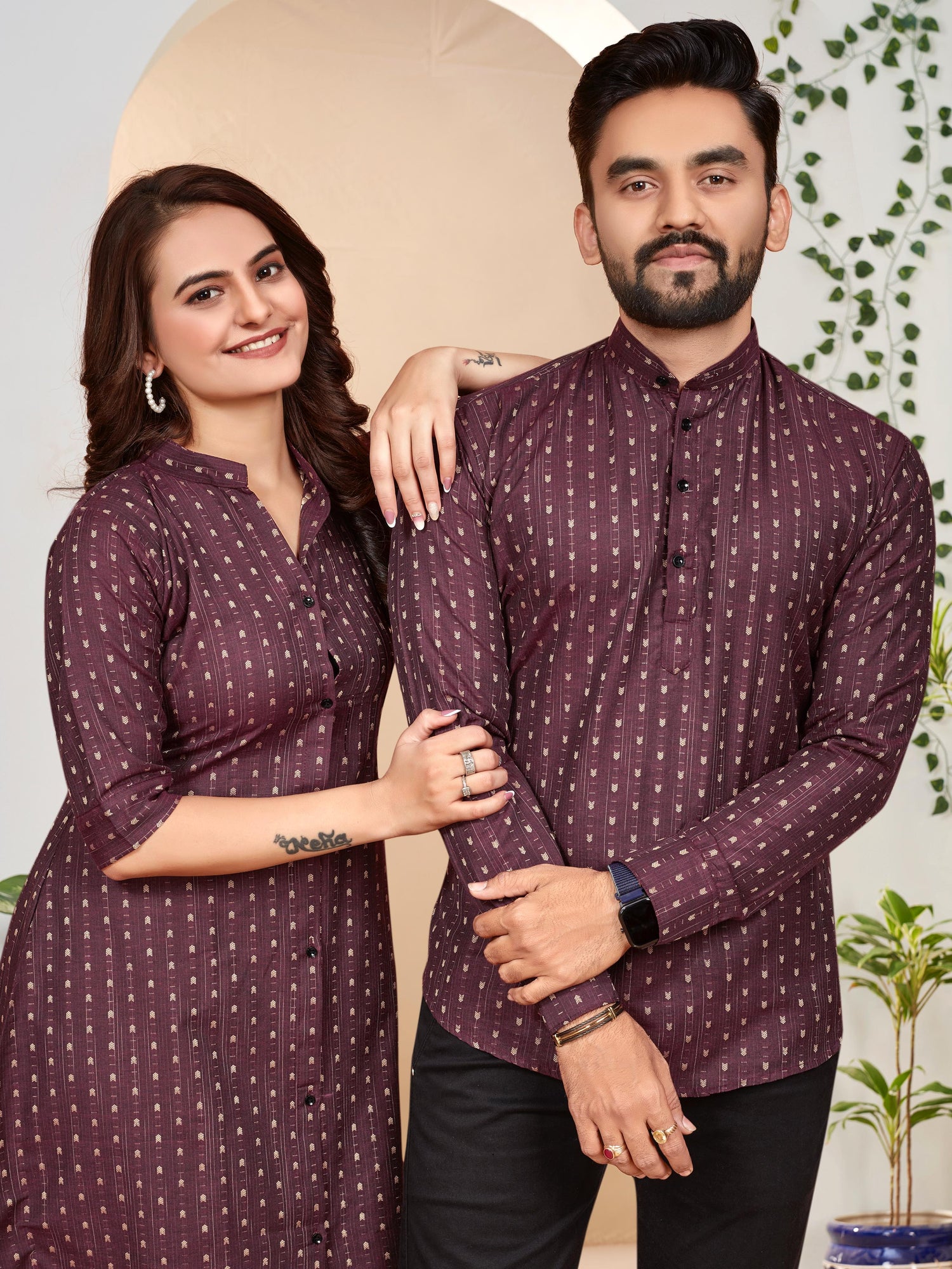 Maroon Pure Soft Cotton Printed Shirt &amp; Tunic Matching Both Couple Combo