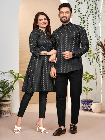 Black Pure Soft Cotton Printed Shirt &amp; Tunic Matching Both Couple Combo
