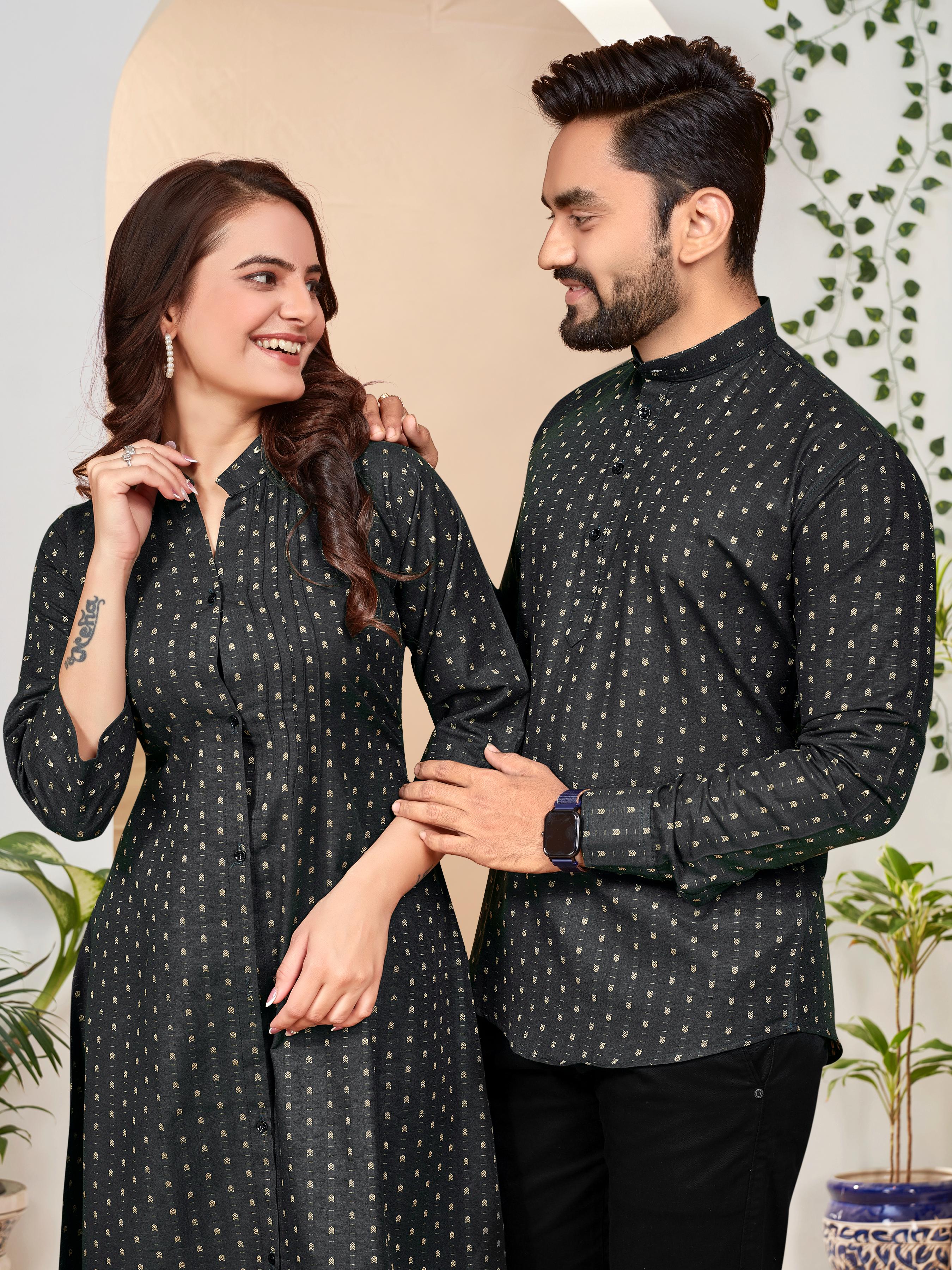 Black Pure Soft Cotton Printed Shirt &amp; Tunic Matching Both Couple Combo