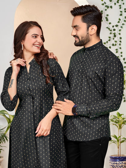 Black Pure Soft Cotton Printed Shirt &amp; Tunic Matching Both Couple Combo