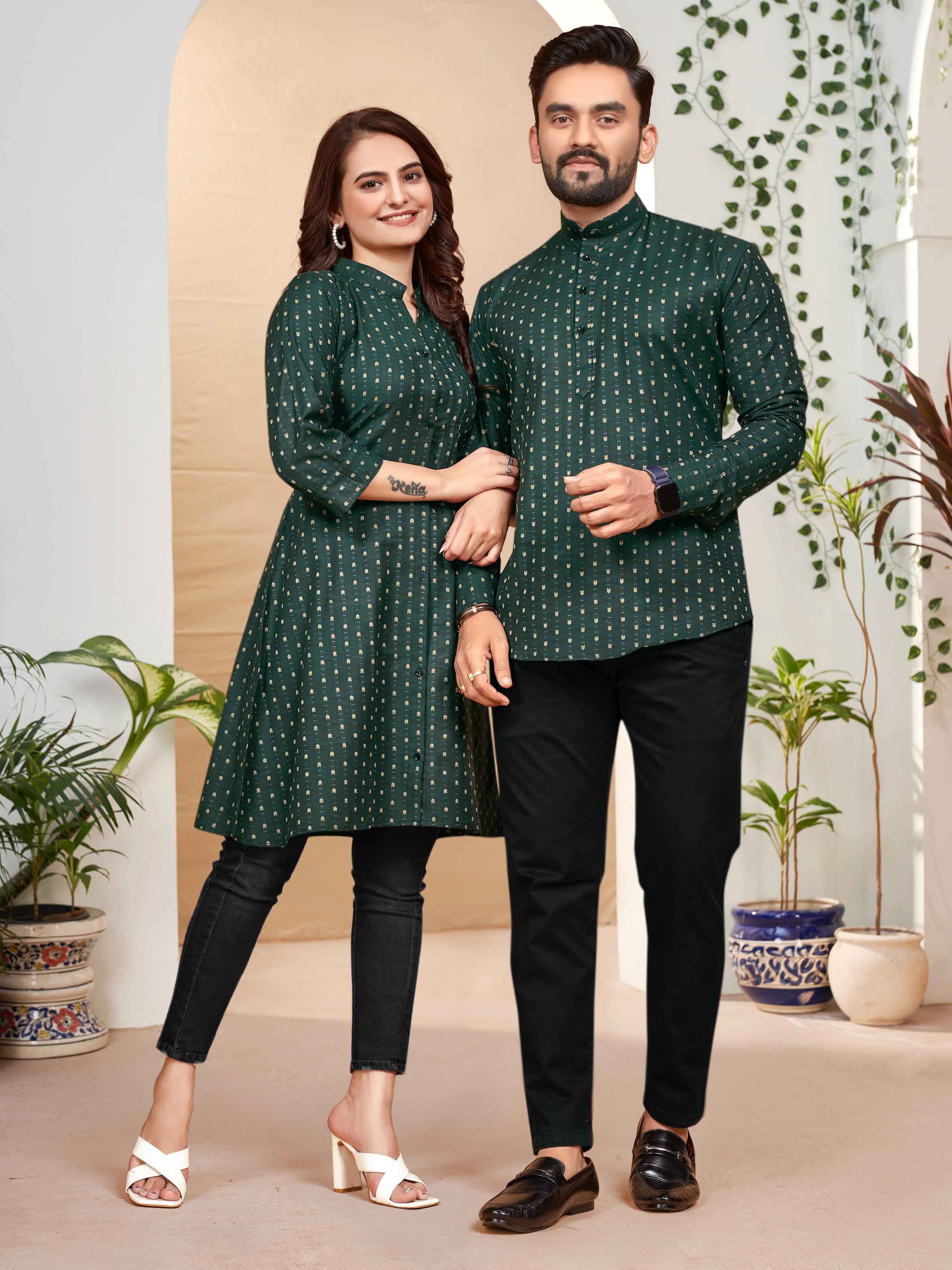 Green Pure Soft Cotton Printed Shirt &amp; Tunic Matching Both Couple Combo