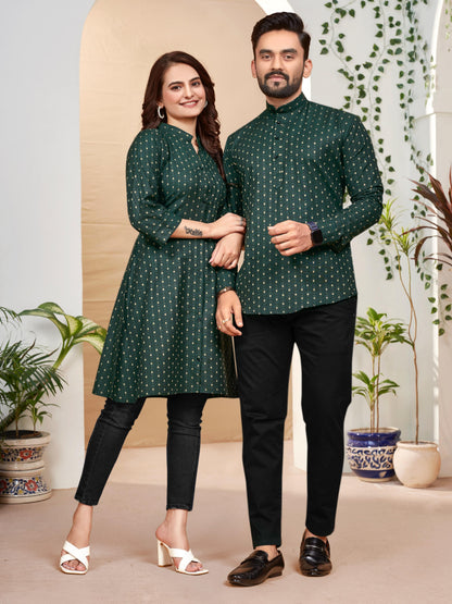Green Pure Soft Cotton Printed Shirt &amp; Tunic Matching Both Couple Combo
