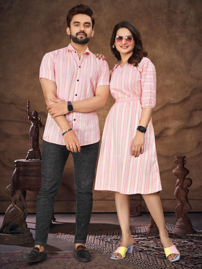 Pink Pure Soft Cotton Printed Shirt &amp; Tunic Matching Both Couple Combo