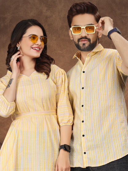 Yellow Pure Soft Cotton Printed Shirt &amp; Tunic Matching Both Couple Combo