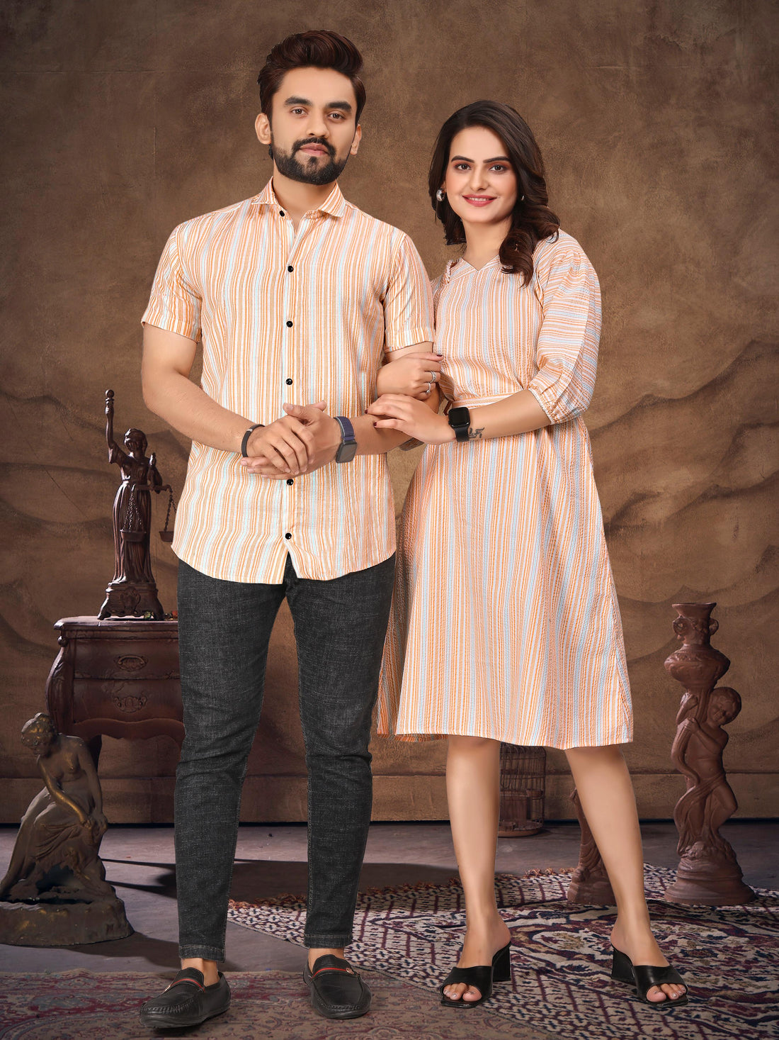 Peach Pure Soft Cotton Printed Shirt &amp; Tunic Matching Both Couple Combo