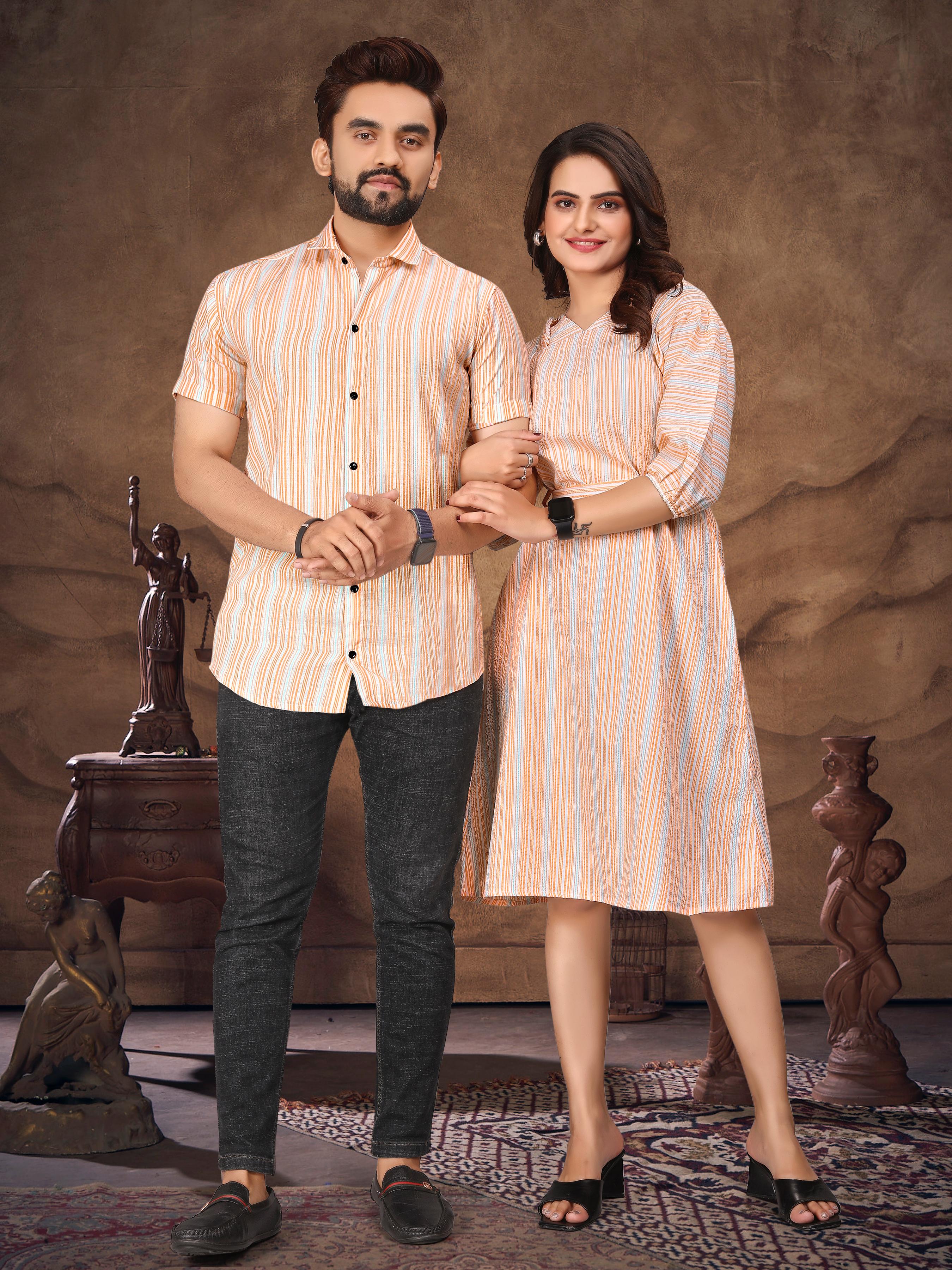 Peach Pure Soft Cotton Printed Shirt &amp; Tunic Matching Both Couple Combo
