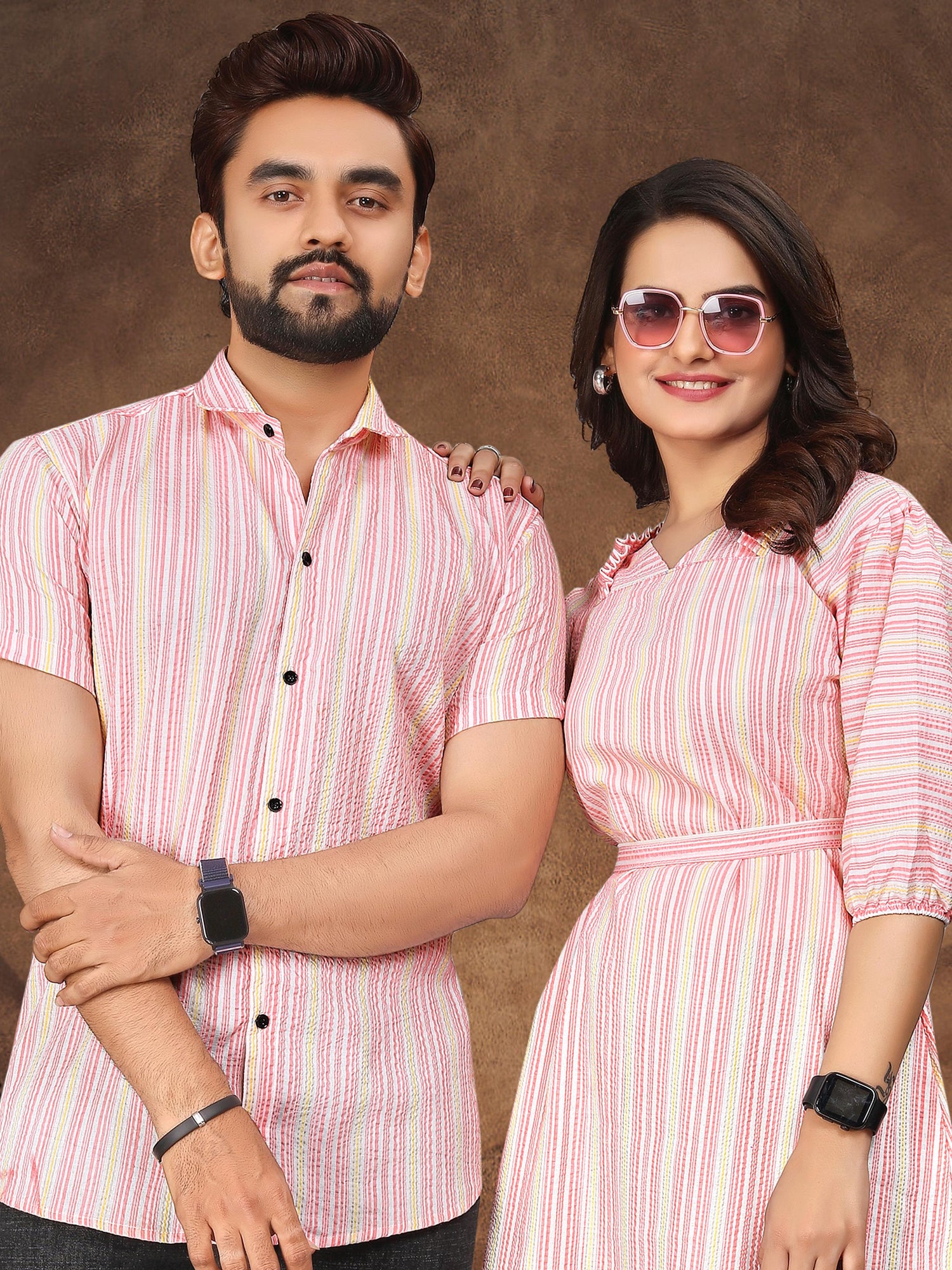 Pink Pure Soft Cotton Printed Shirt &amp; Tunic Matching Both Couple Combo