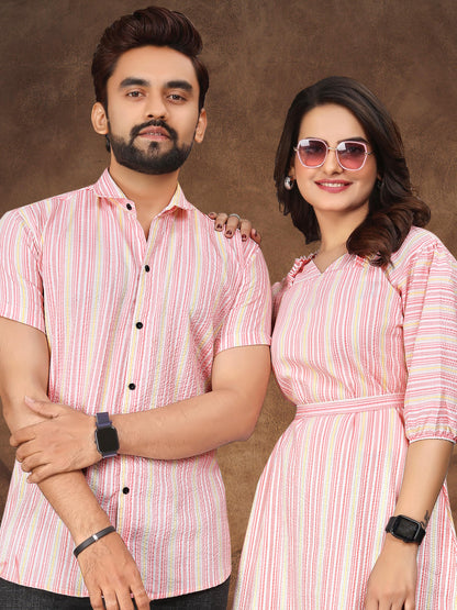 Pink Pure Soft Cotton Printed Shirt &amp; Tunic Matching Both Couple Combo
