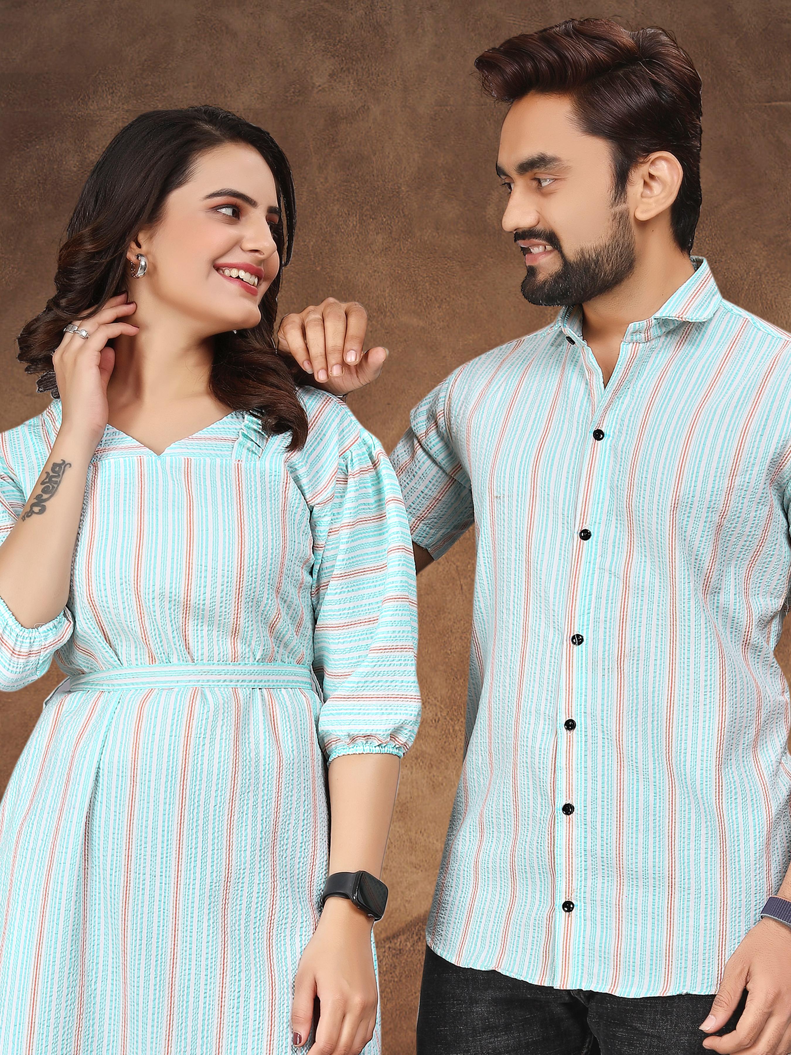 Sky Pure Soft Cotton Printed Shirt &amp; Tunic Matching Both Couple Combo