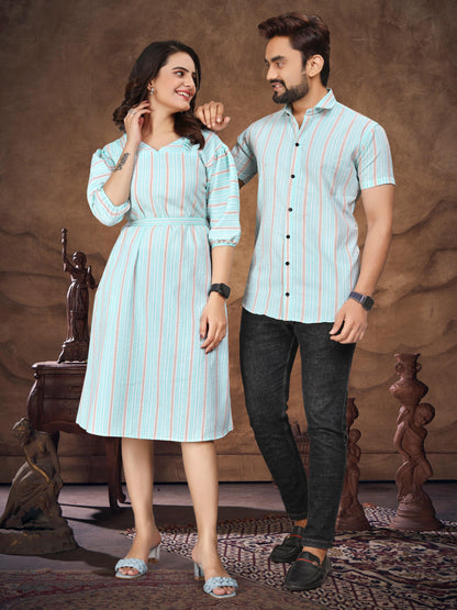 Sky Pure Soft Cotton Printed Shirt &amp; Tunic Matching Both Couple Combo