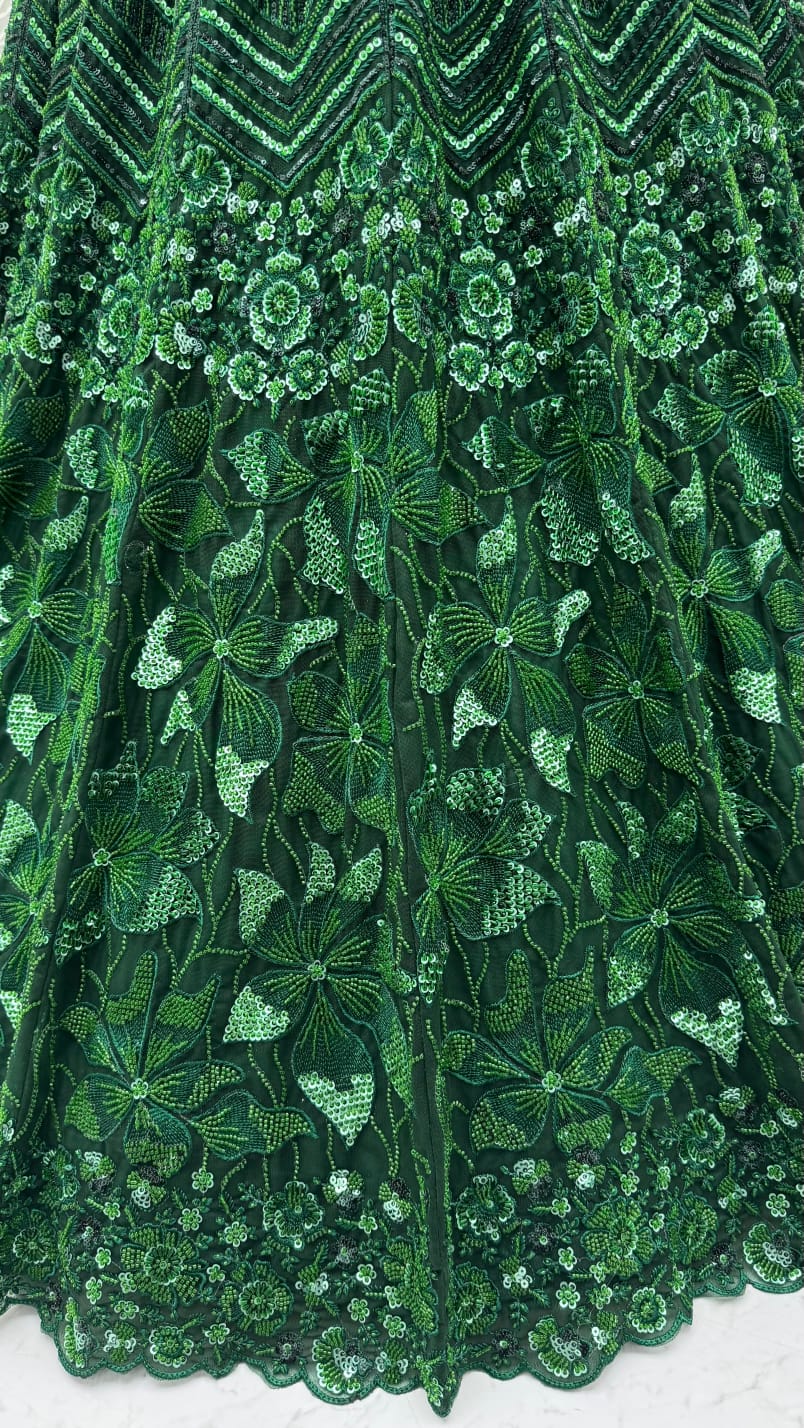 Green Pure Net Monochrome Sequins Bugle Beads Resham Thread Work Net Bridal Lehenga Choli