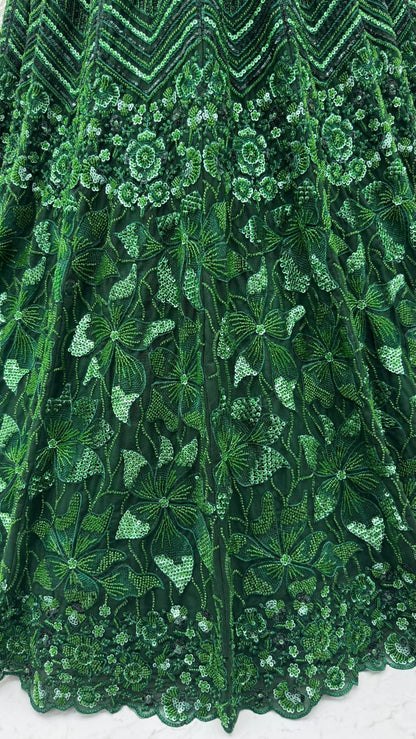 Green Pure Net Monochrome Sequins Bugle Beads Resham Thread Work Net Bridal Lehenga Choli