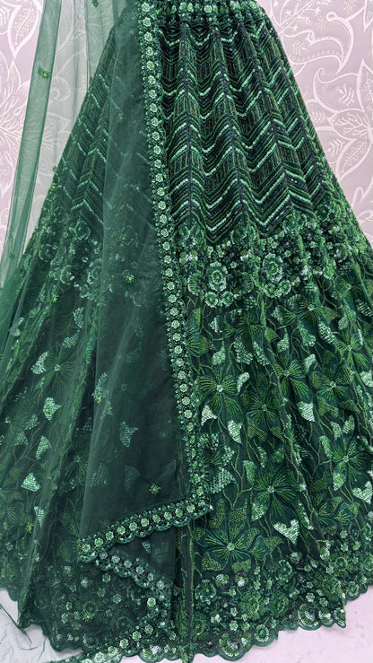 Green Pure Net Monochrome Sequins Bugle Beads Resham Thread Work Net Bridal Lehenga Choli
