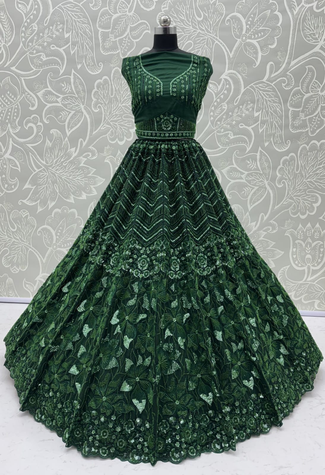 Green Pure Net Monochrome Sequins Bugle Beads Resham Thread Work Net Bridal Lehenga Choli