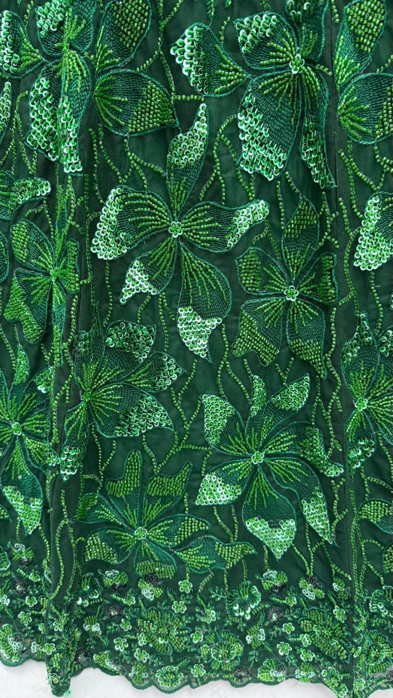 Green Pure Net Monochrome Sequins Bugle Beads Resham Thread Work Net Bridal Lehenga Choli