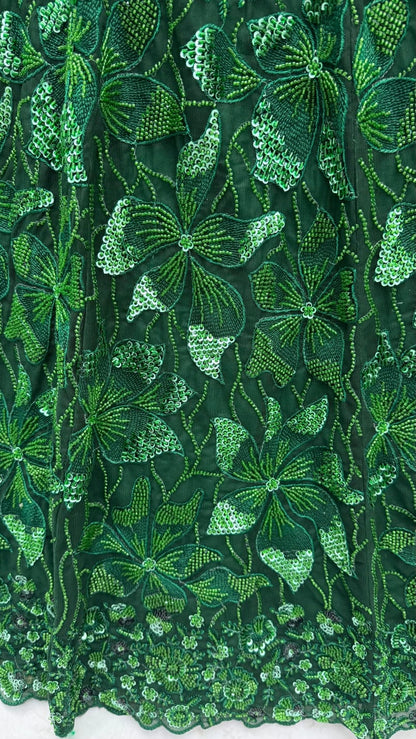 Green Pure Net Monochrome Sequins Bugle Beads Resham Thread Work Net Bridal Lehenga Choli