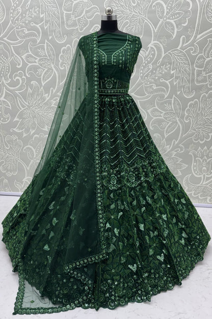 Green Pure Net Monochrome Sequins Bugle Beads Resham Thread Work Net Bridal Lehenga Choli