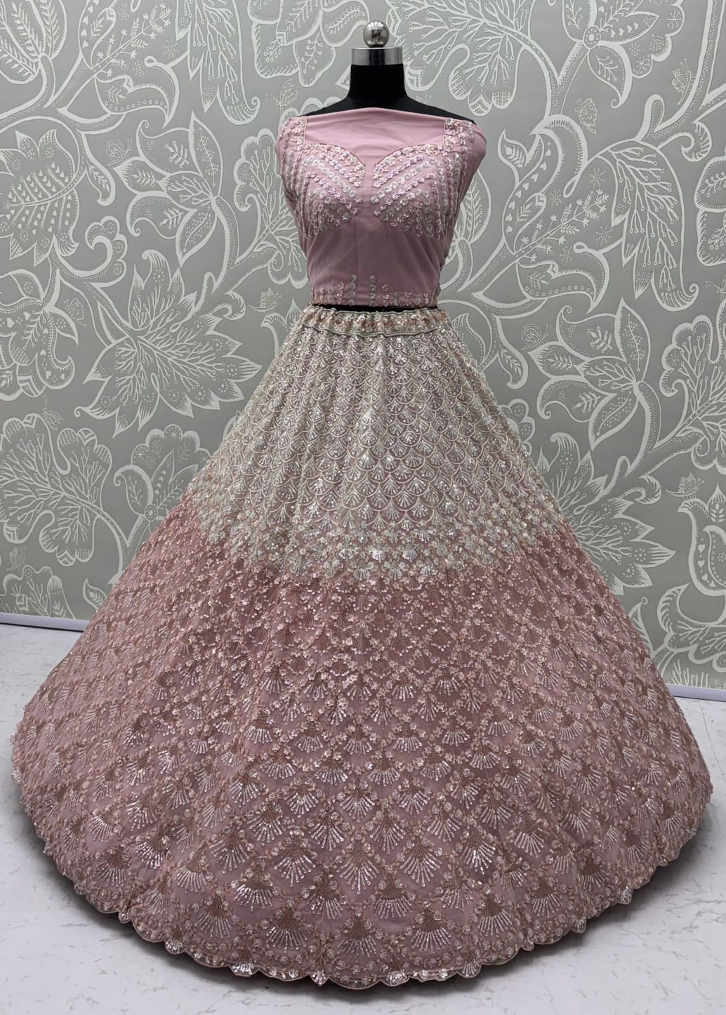 Pink Pure Heavy Net Sequins Sequins Zari Embroidery Work Net Bridal Lehenga Choli