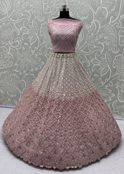 Pink Pure Heavy Net Sequins Sequins Zari Embroidery Work Net Bridal Lehenga Choli