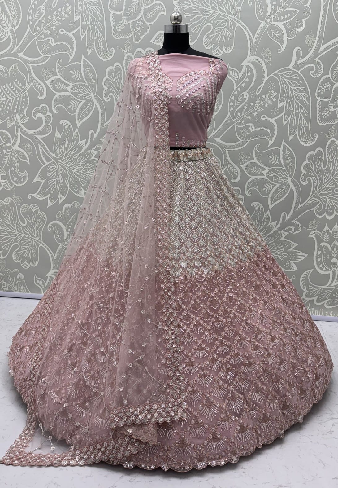 Pink Pure Heavy Net Sequins Sequins Zari Embroidery Work Net Bridal Lehenga Choli