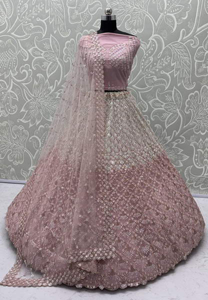 Pink Pure Heavy Net Sequins Sequins Zari Embroidery Work Net Bridal Lehenga Choli