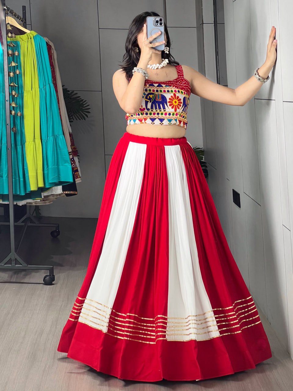 Red Pure Pure Rayon Cotton Multi Coloured Navratri Lehenga Choli