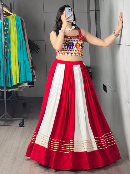 Red Pure Pure Rayon Cotton Multi Coloured Navratri Lehenga Choli