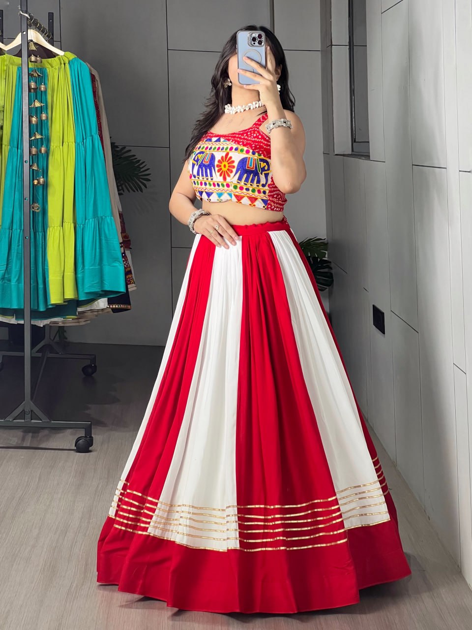 Red Pure Pure Rayon Cotton Multi Coloured Navratri Lehenga Choli