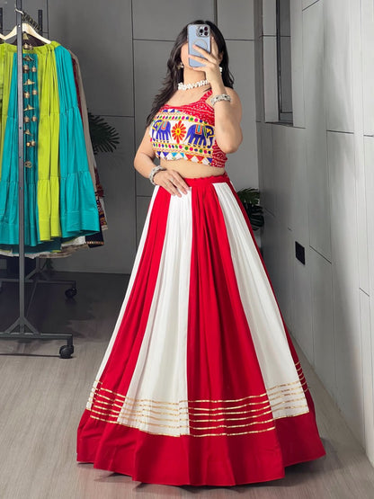 Red Pure Pure Rayon Cotton Multi Coloured Navratri Lehenga Choli
