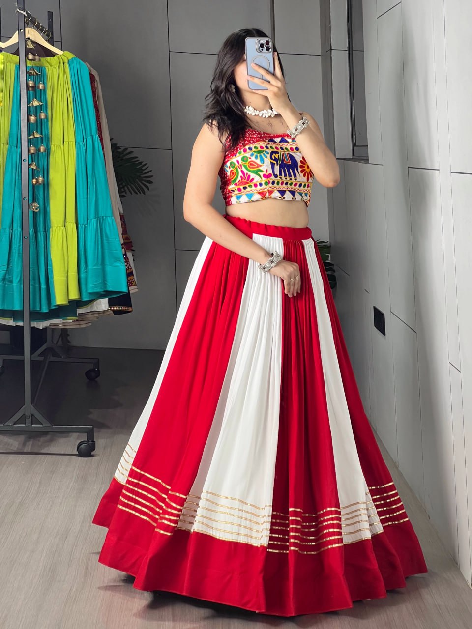 Red Pure Pure Rayon Cotton Multi Coloured Navratri Lehenga Choli