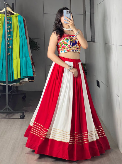Red Pure Pure Rayon Cotton Multi Coloured Navratri Lehenga Choli