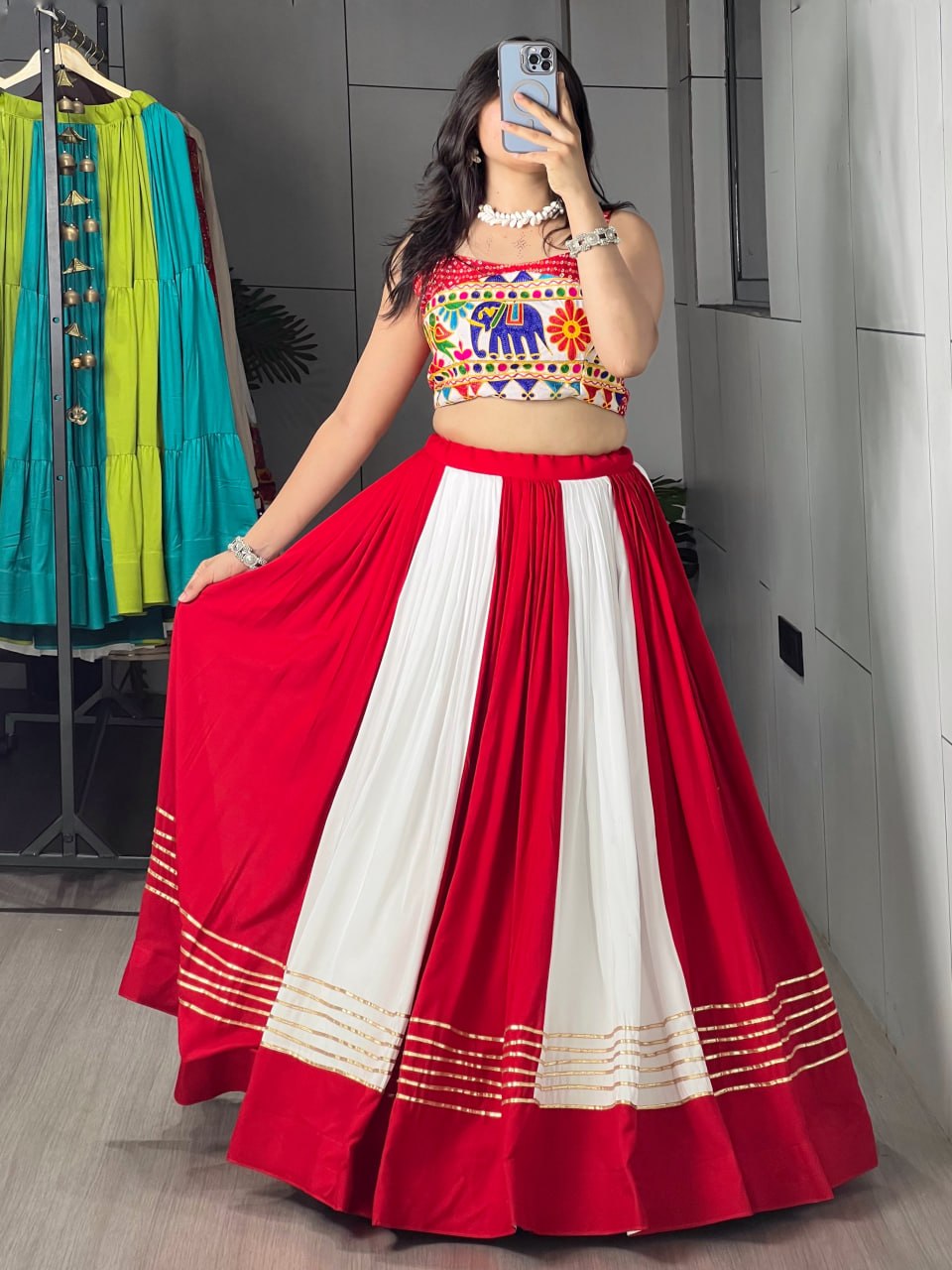 Red Pure Pure Rayon Cotton Multi Coloured Navratri Lehenga Choli
