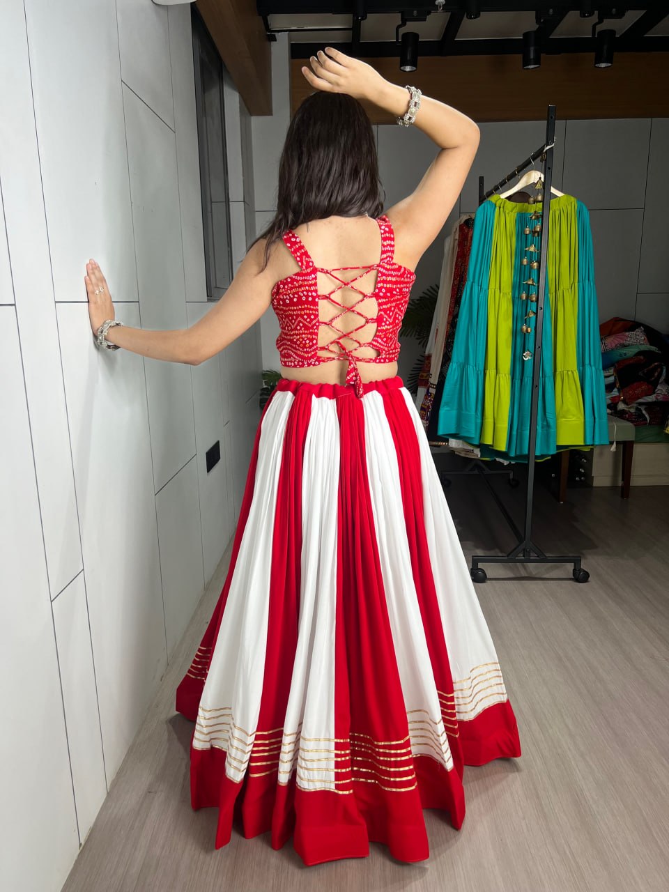 Red Pure Pure Rayon Cotton Multi Coloured Navratri Lehenga Choli
