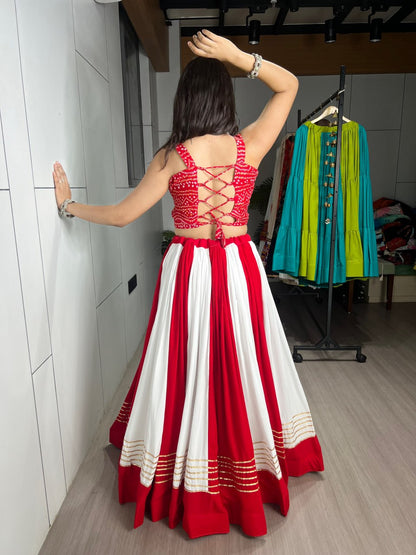 Red Pure Pure Rayon Cotton Multi Coloured Navratri Lehenga Choli