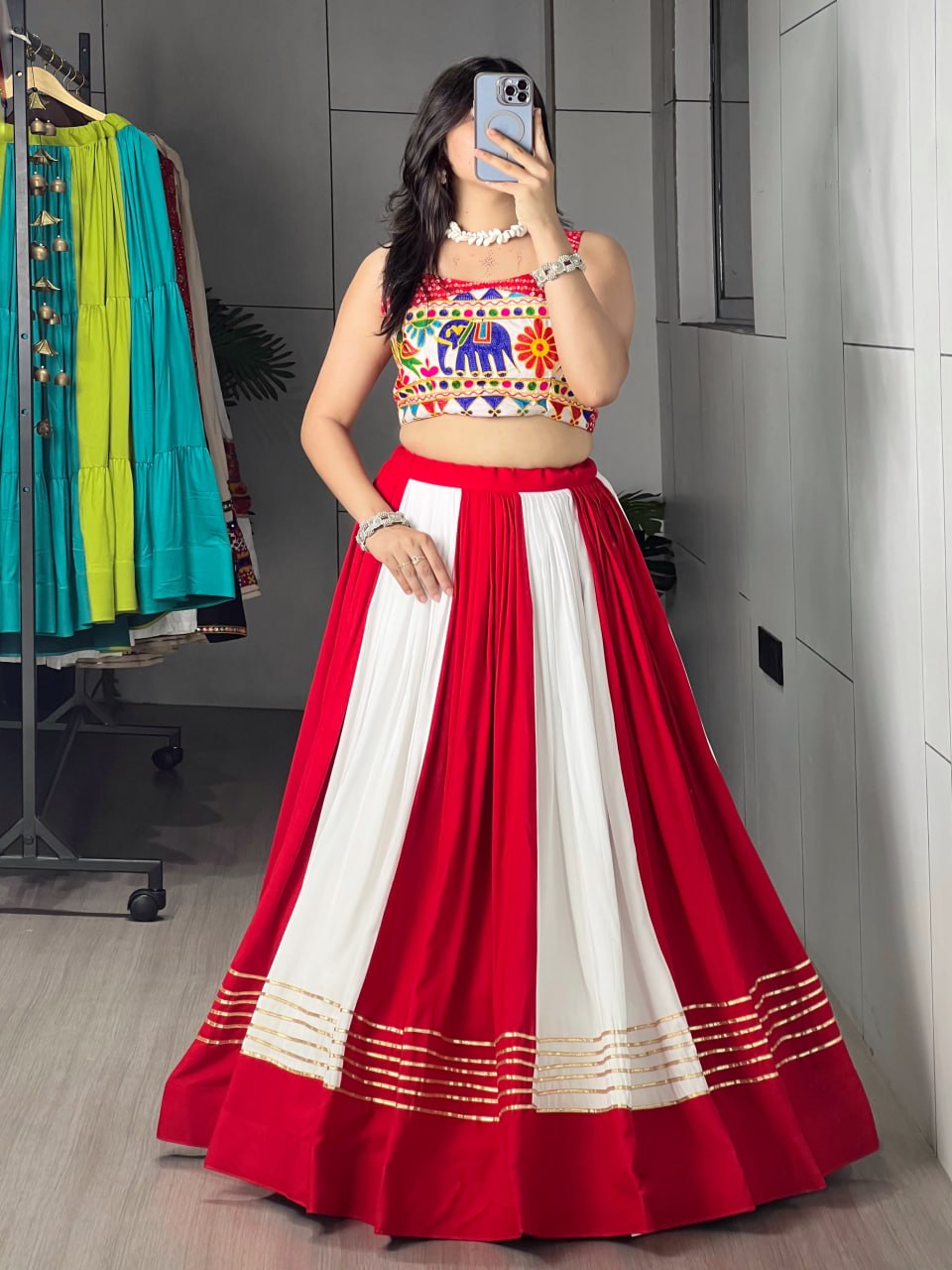 Red Pure Pure Rayon Cotton Multi Coloured Navratri Lehenga Choli
