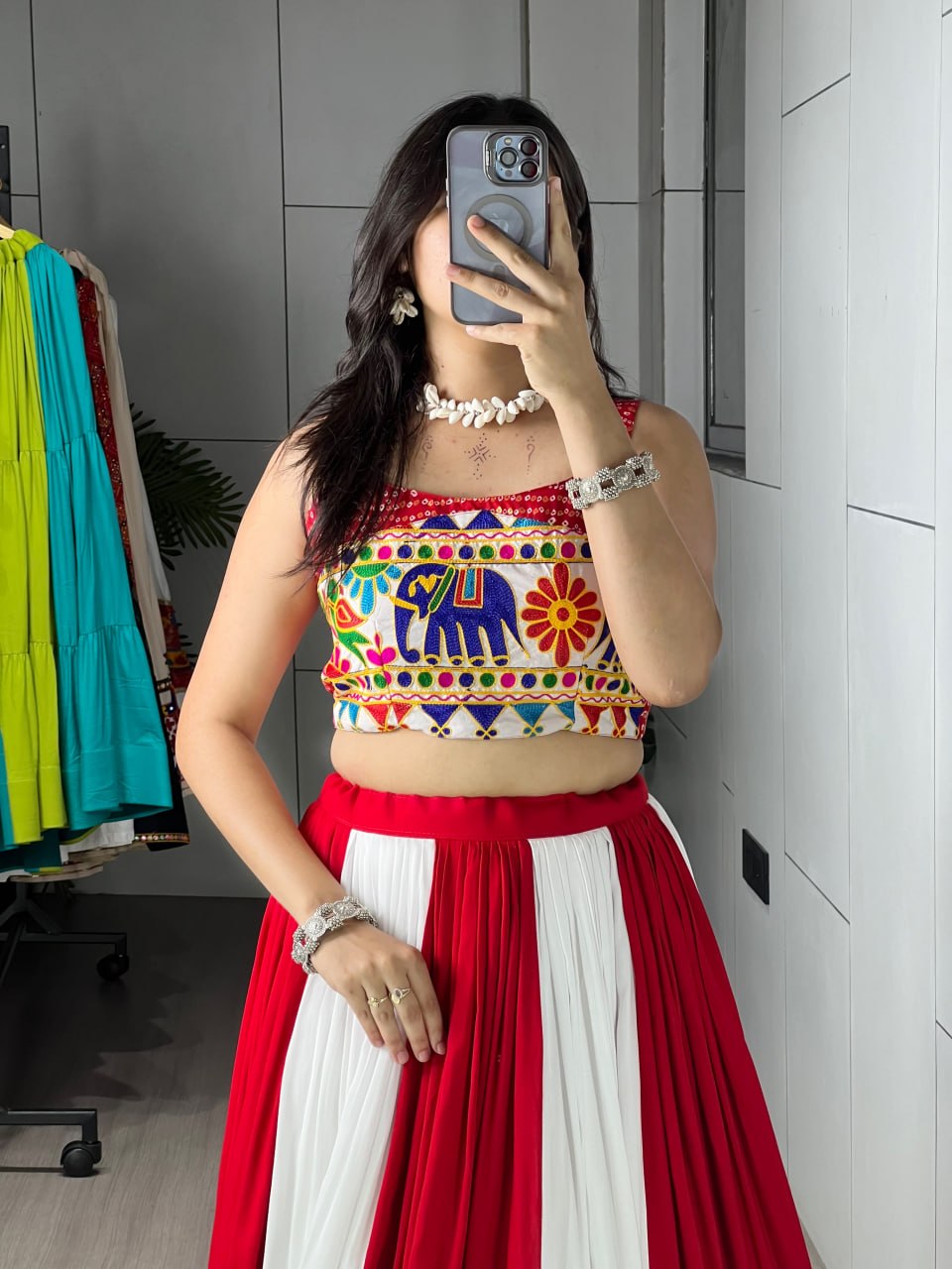 Red Pure Pure Rayon Cotton Multi Coloured Navratri Lehenga Choli