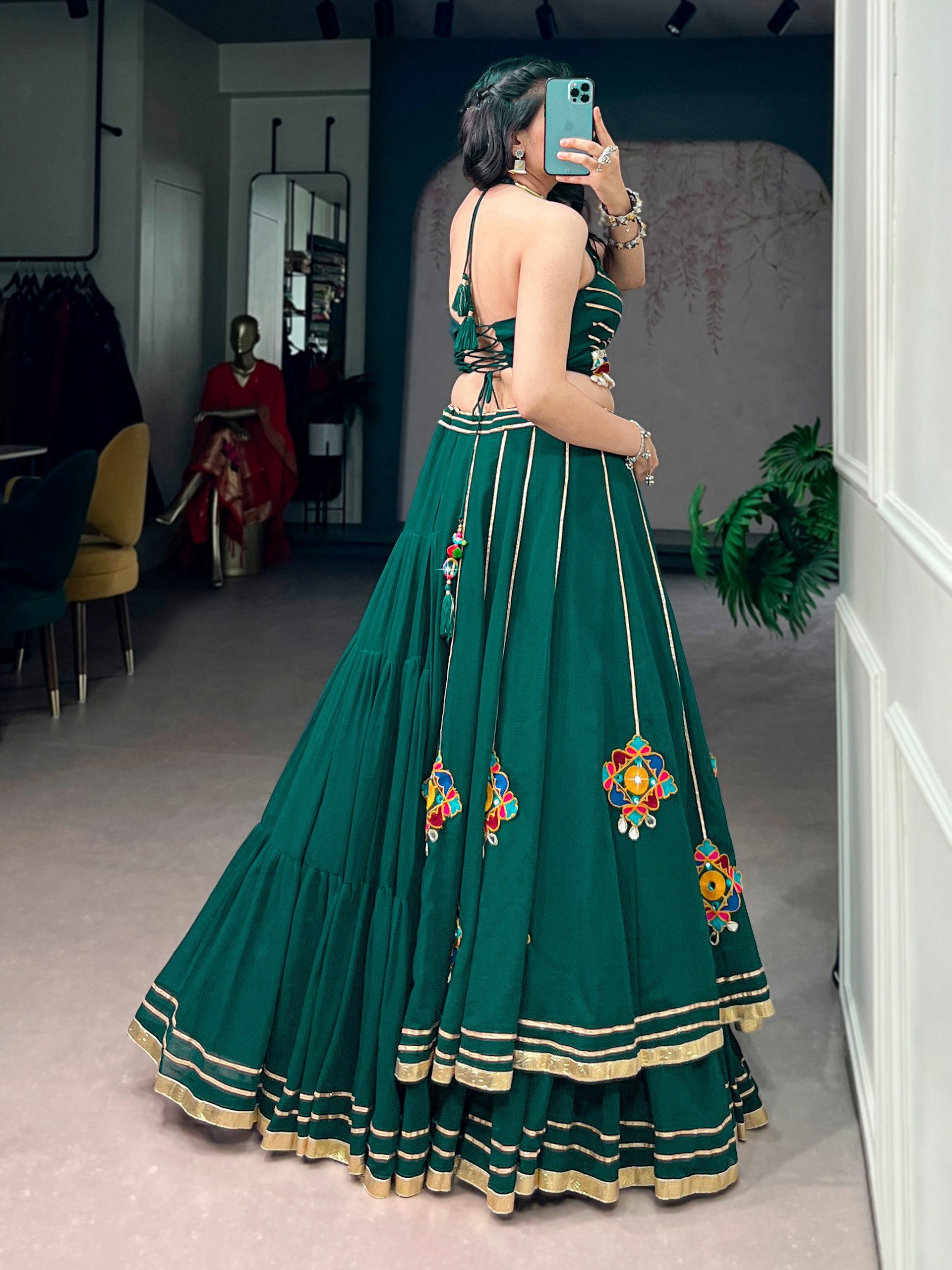 Green Pure Rayon Cotton Multi Gamthi work Navratri Lehenga Choli