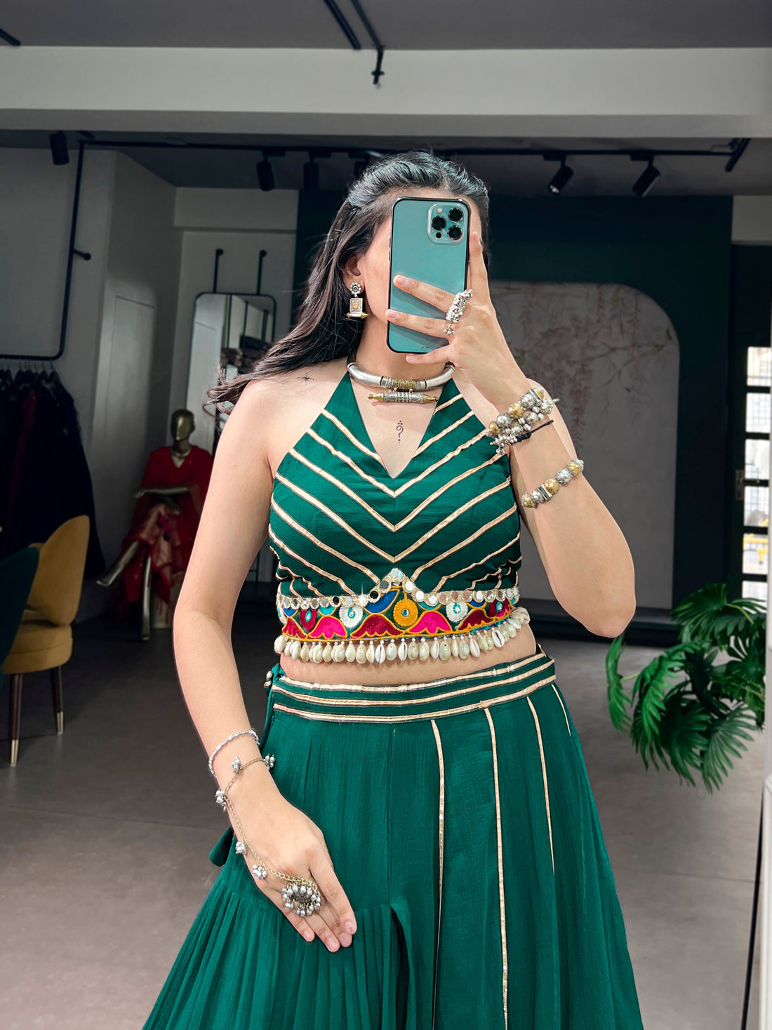 Green Pure Rayon Cotton Multi Gamthi work Navratri Lehenga Choli