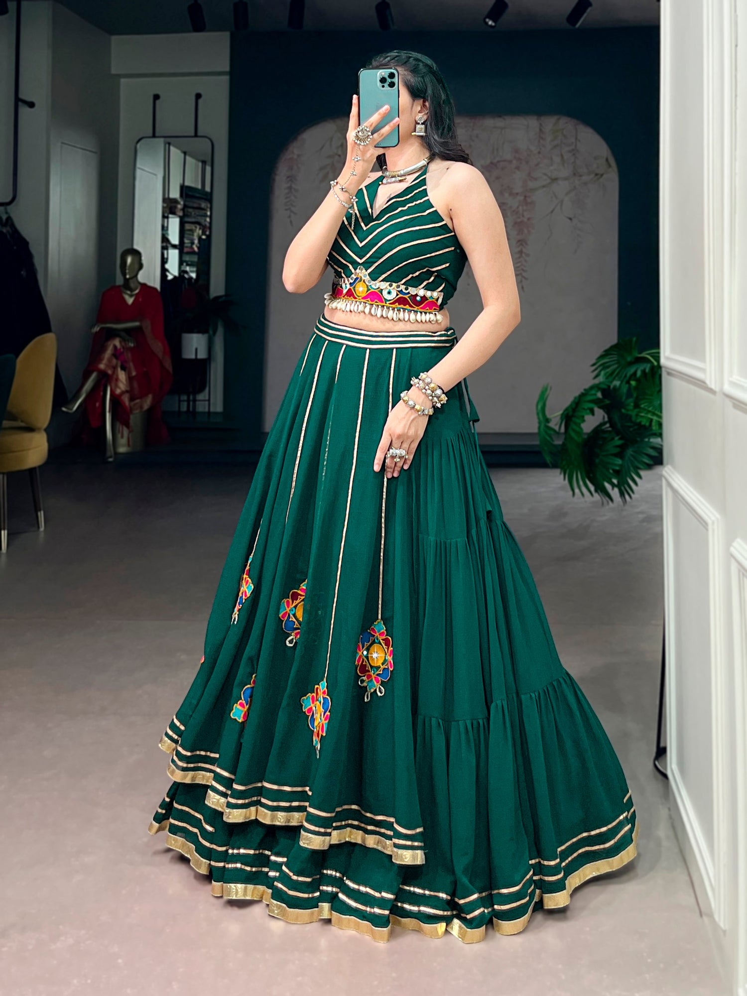 Green Pure Rayon Cotton Multi Gamthi work Navratri Lehenga Choli