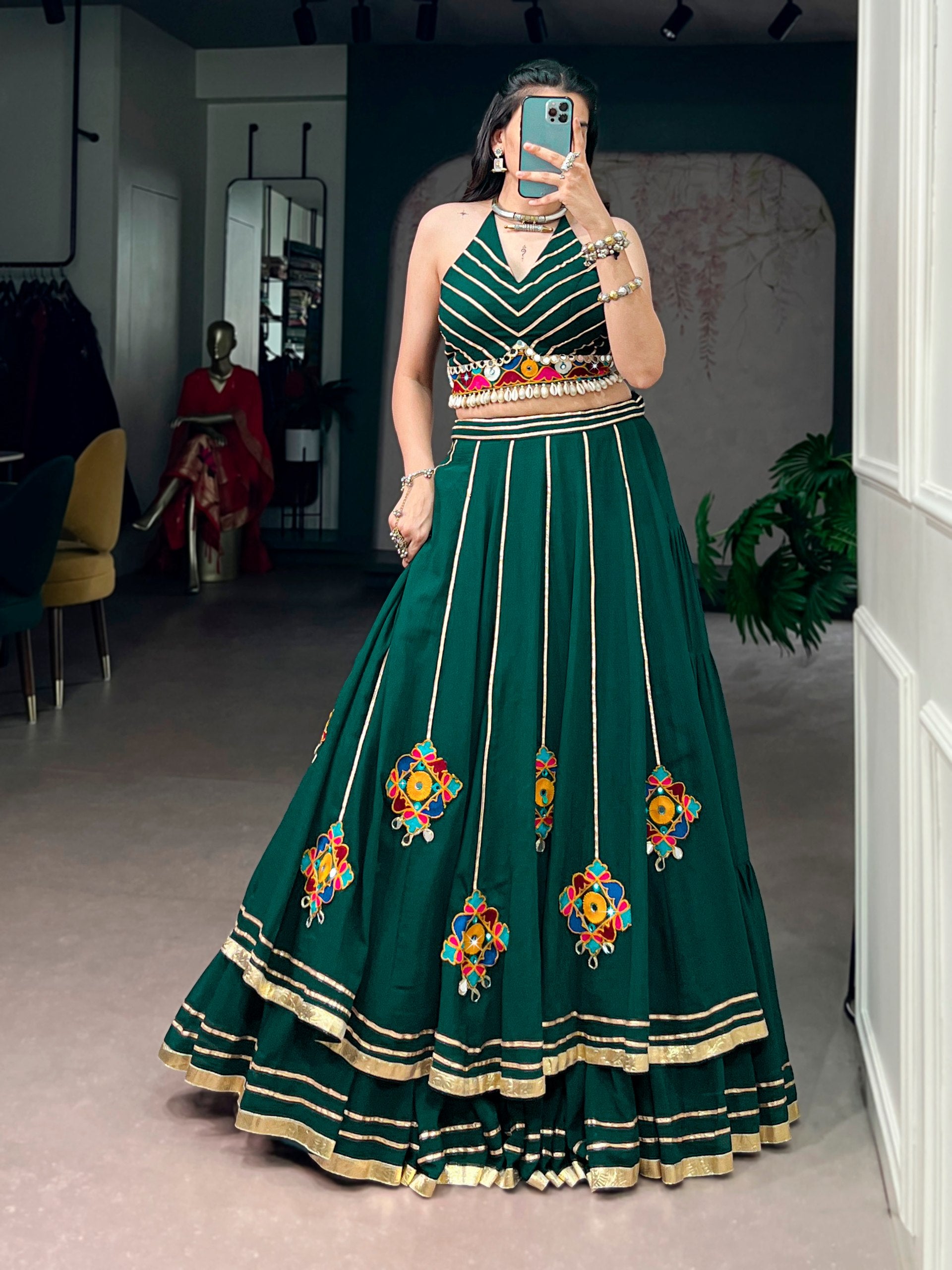 Green Pure Rayon Cotton Multi Gamthi work Navratri Lehenga Choli