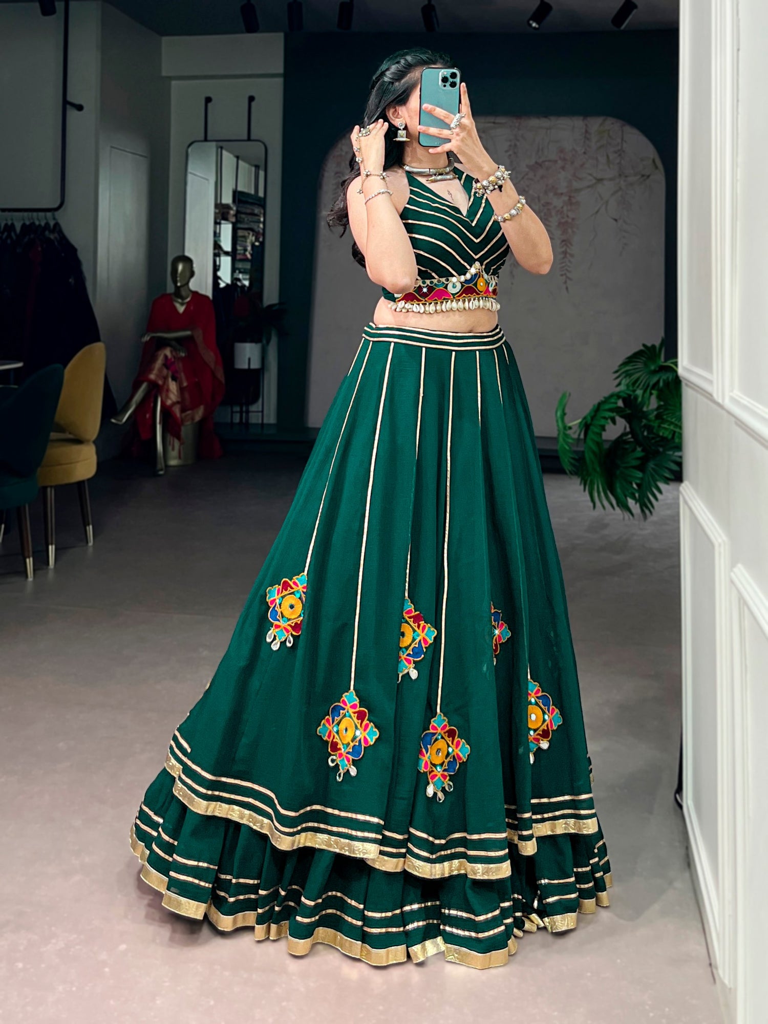 Green Pure Rayon Cotton Multi Gamthi work Navratri Lehenga Choli