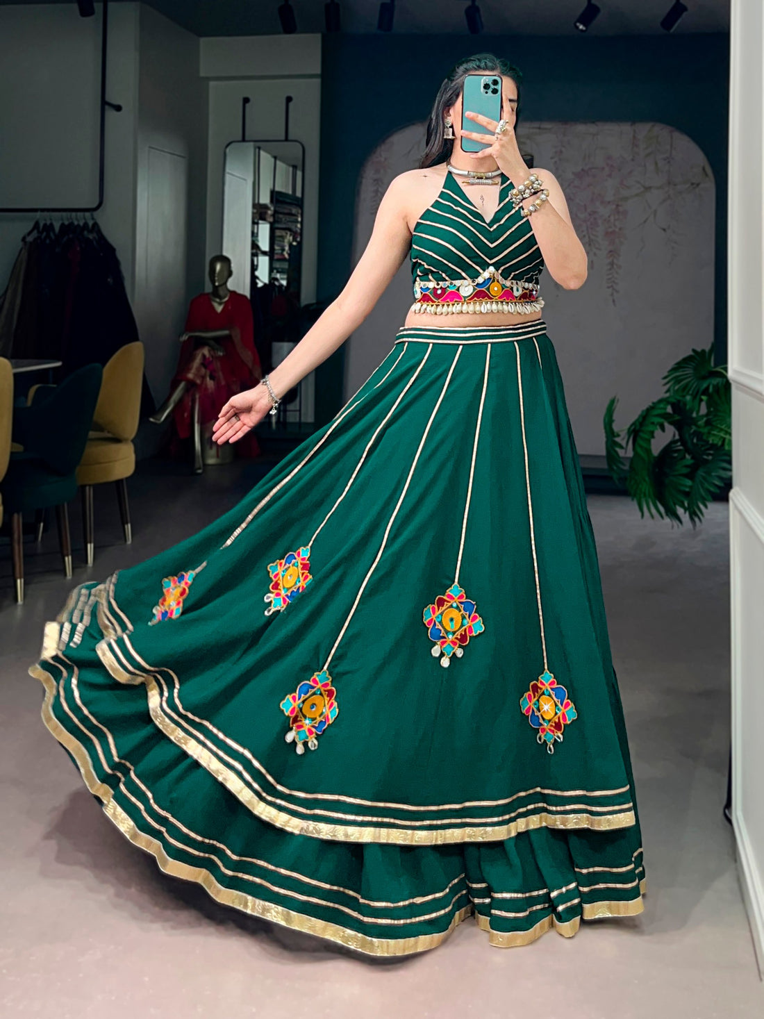 Green Pure Rayon Cotton Multi Gamthi work Navratri Lehenga Choli