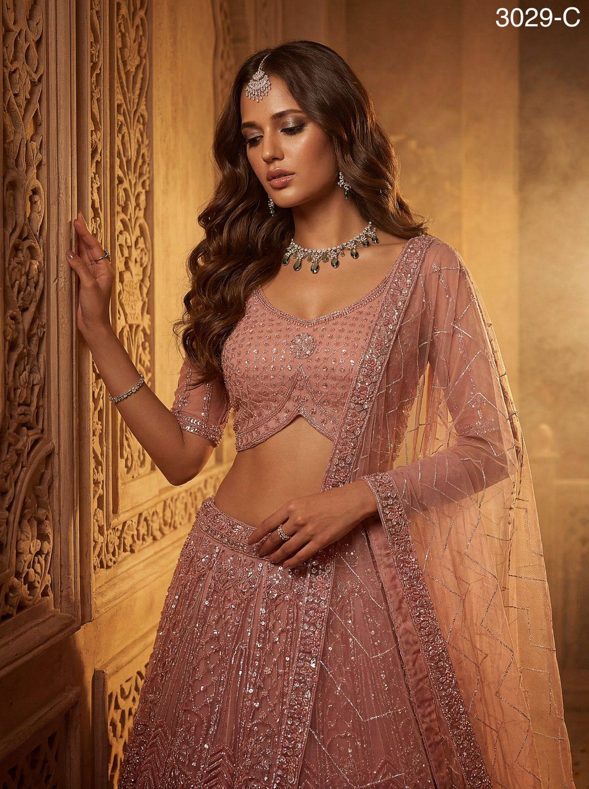 Peach Pink Pure Soft Heavy Net Fancy Embroidery Work Bridal Lehenga Choli
