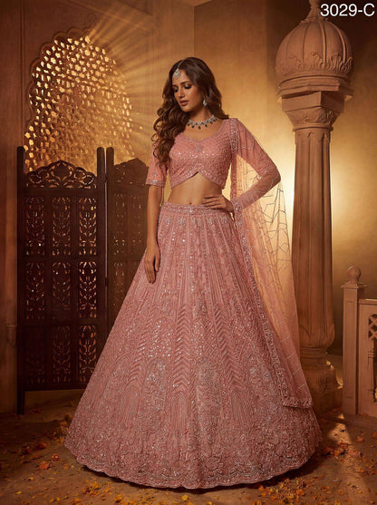 Peach Pink Pure Soft Heavy Net Fancy Embroidery Work Bridal Lehenga Choli