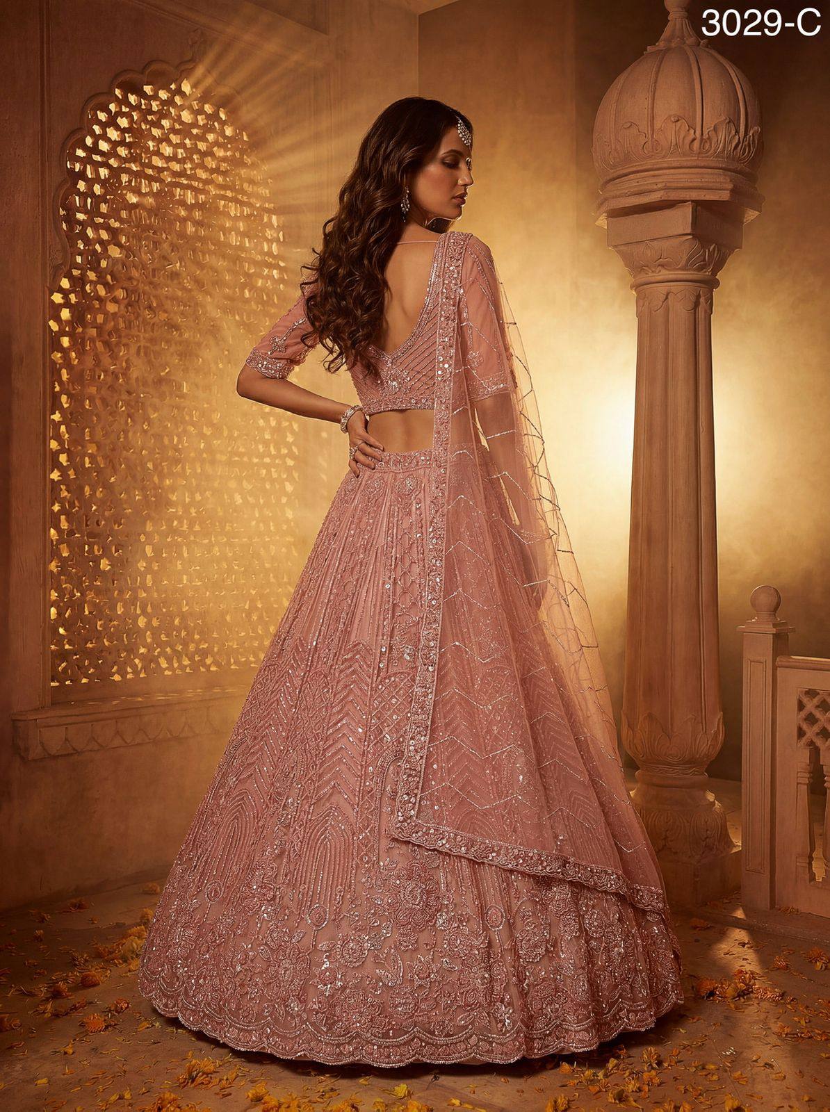 Peach Pink Pure Soft Heavy Net Fancy Embroidery Work Bridal Lehenga Choli
