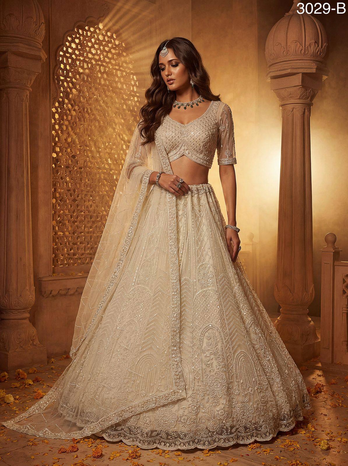 Off White Pure Soft Heavy Net Fancy Embroidery Work Bridal Lehenga Choli