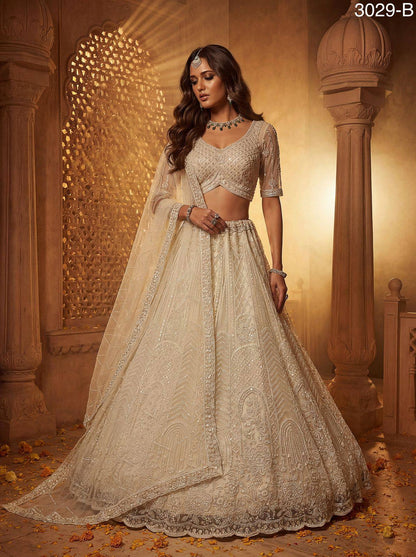 Off White Pure Soft Heavy Net Fancy Embroidery Work Bridal Lehenga Choli
