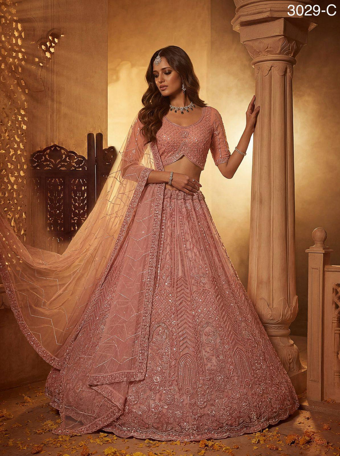 Peach Pink Pure Soft Heavy Net Fancy Embroidery Work Bridal Lehenga Choli