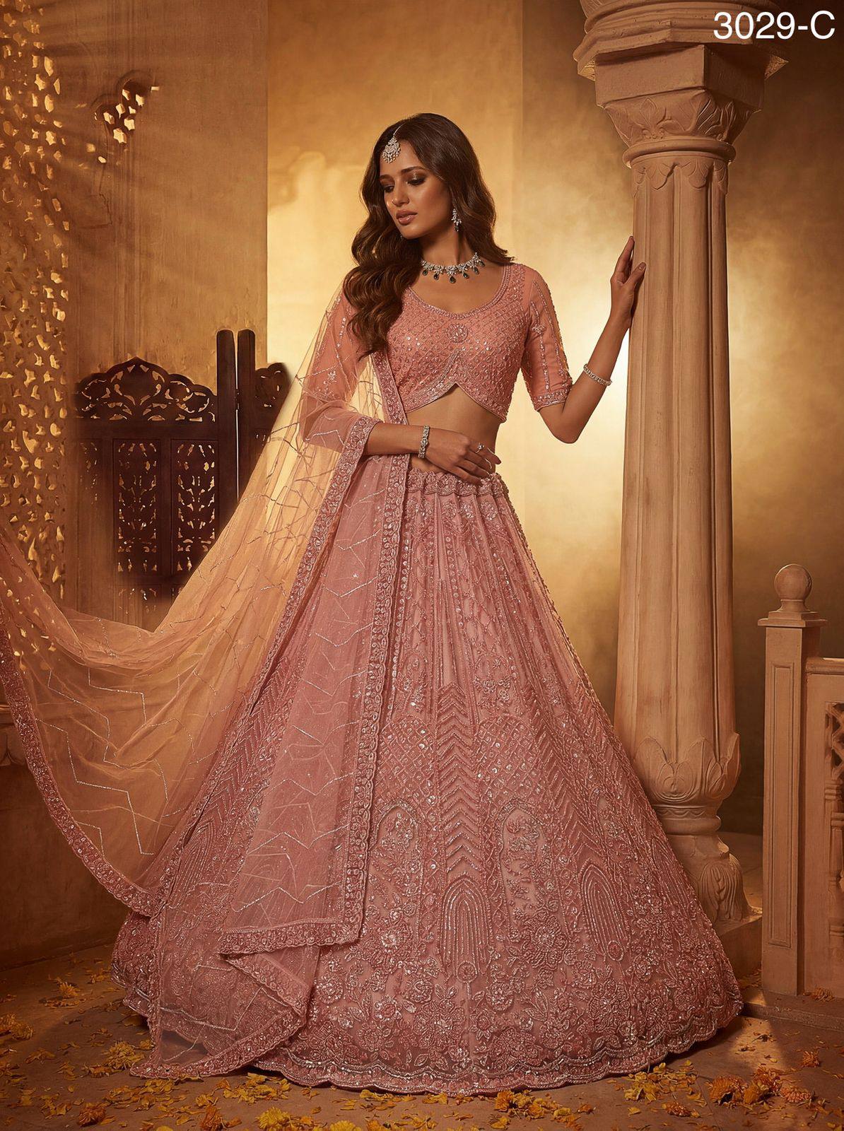 Peach Pink Pure Soft Heavy Net Fancy Embroidery Work Bridal Lehenga Choli